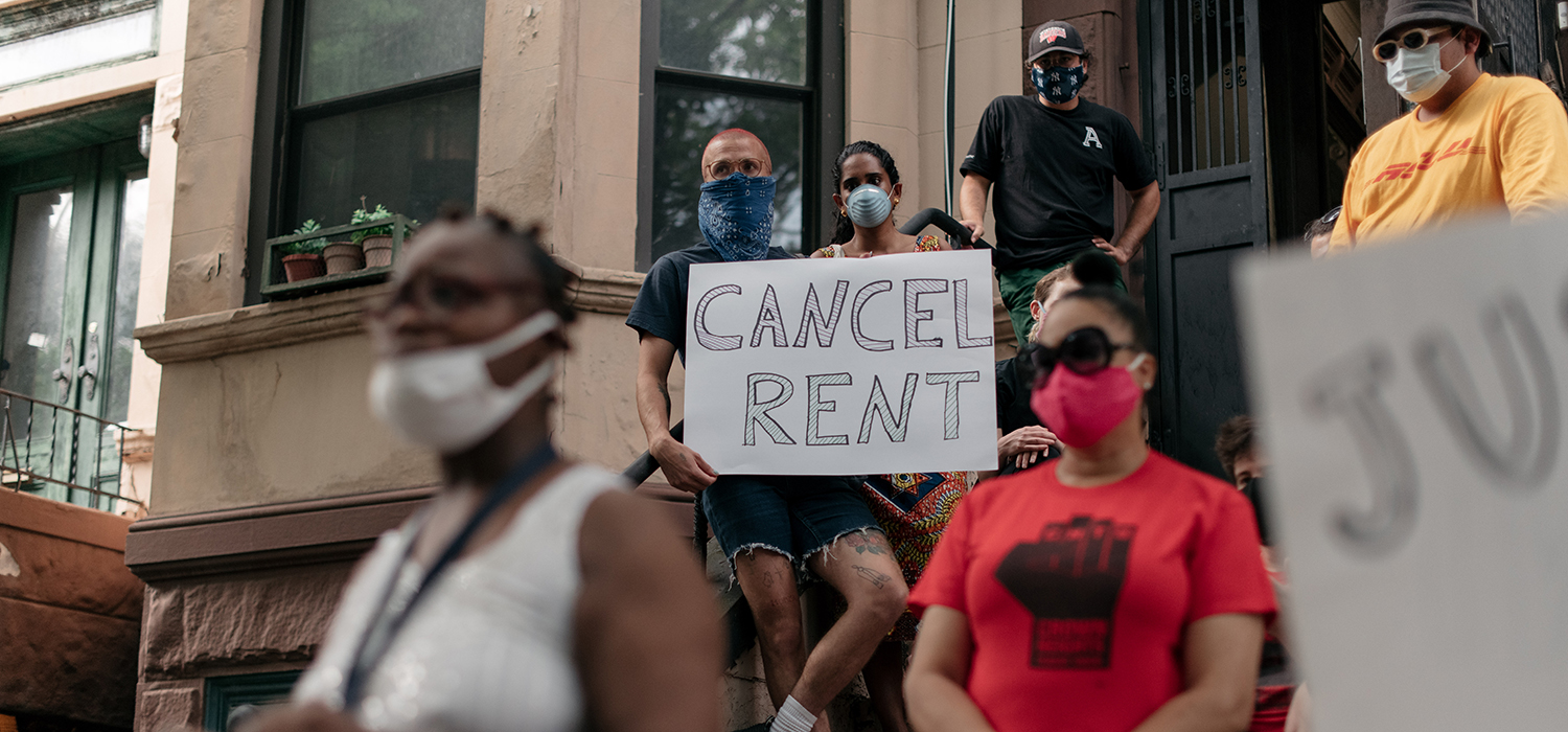 Housing activists gather to protest alleged tenant harassment by a landlord and call for cancellation of rent in the Crown Heights neighborhood on July 31, 2020 in Brooklyn, New York. 