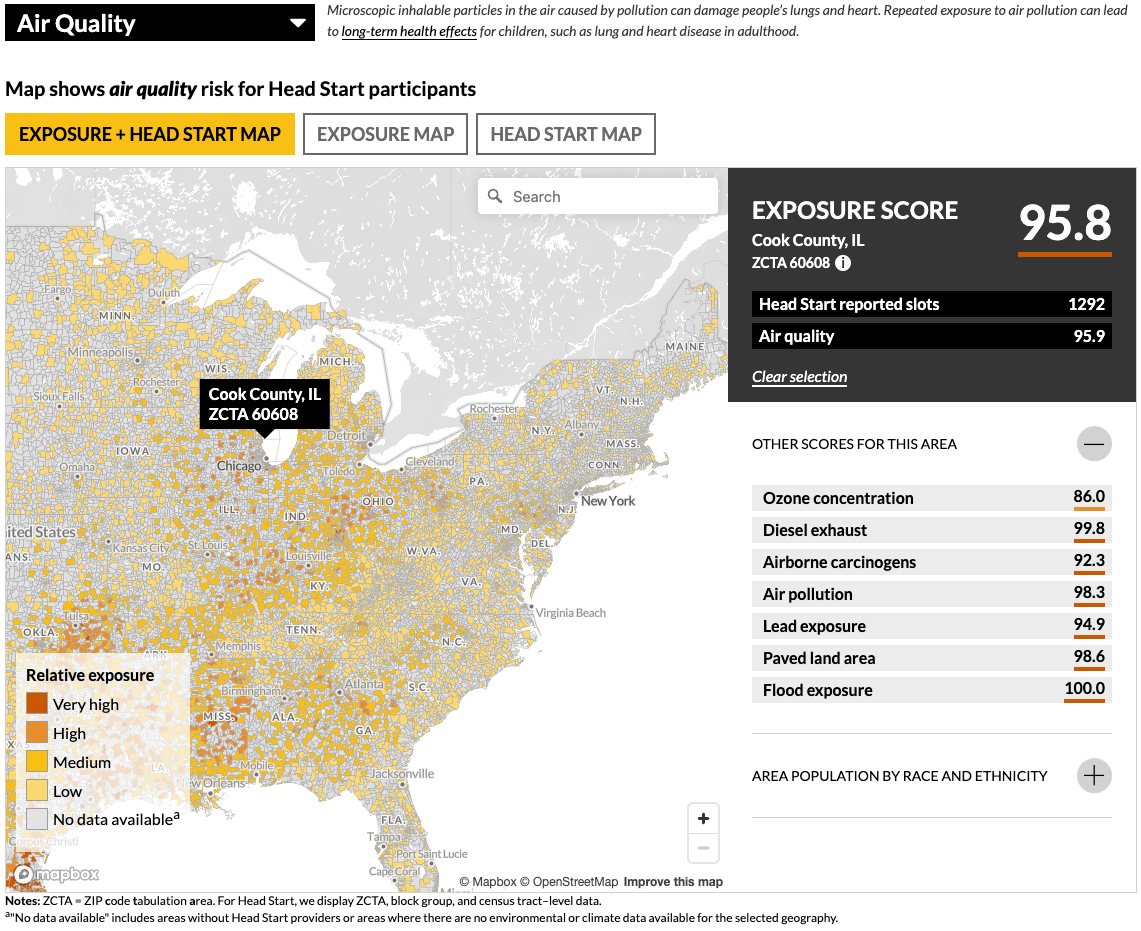 A screenshot of the Head Start Environmental Exposure Mapping Tool.