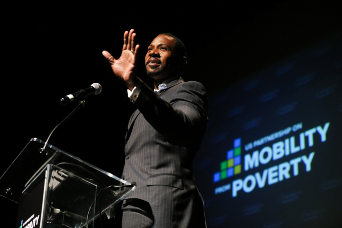 Rahsaan Bernard of Building Bridges Across the River speaks at the US Partnership on Mobility from Poverty's event 'Dramatically Increasing Mobility from Poverty' on May 3, 2018 in Washington, DC. The US Partnership on Mobility is funded by the Bill & Mel