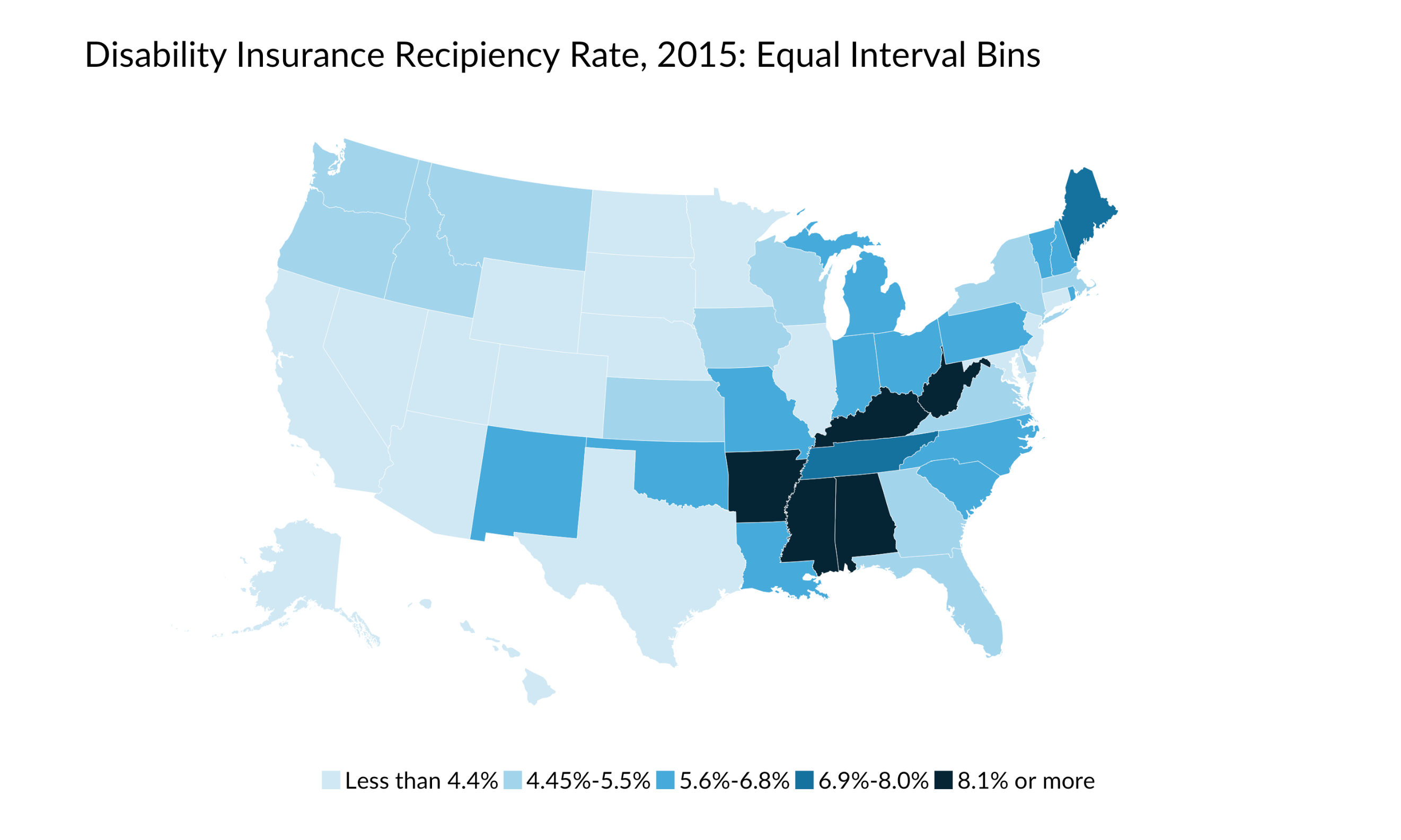 equal interval bins map of disability insurance recipient rate, 2015