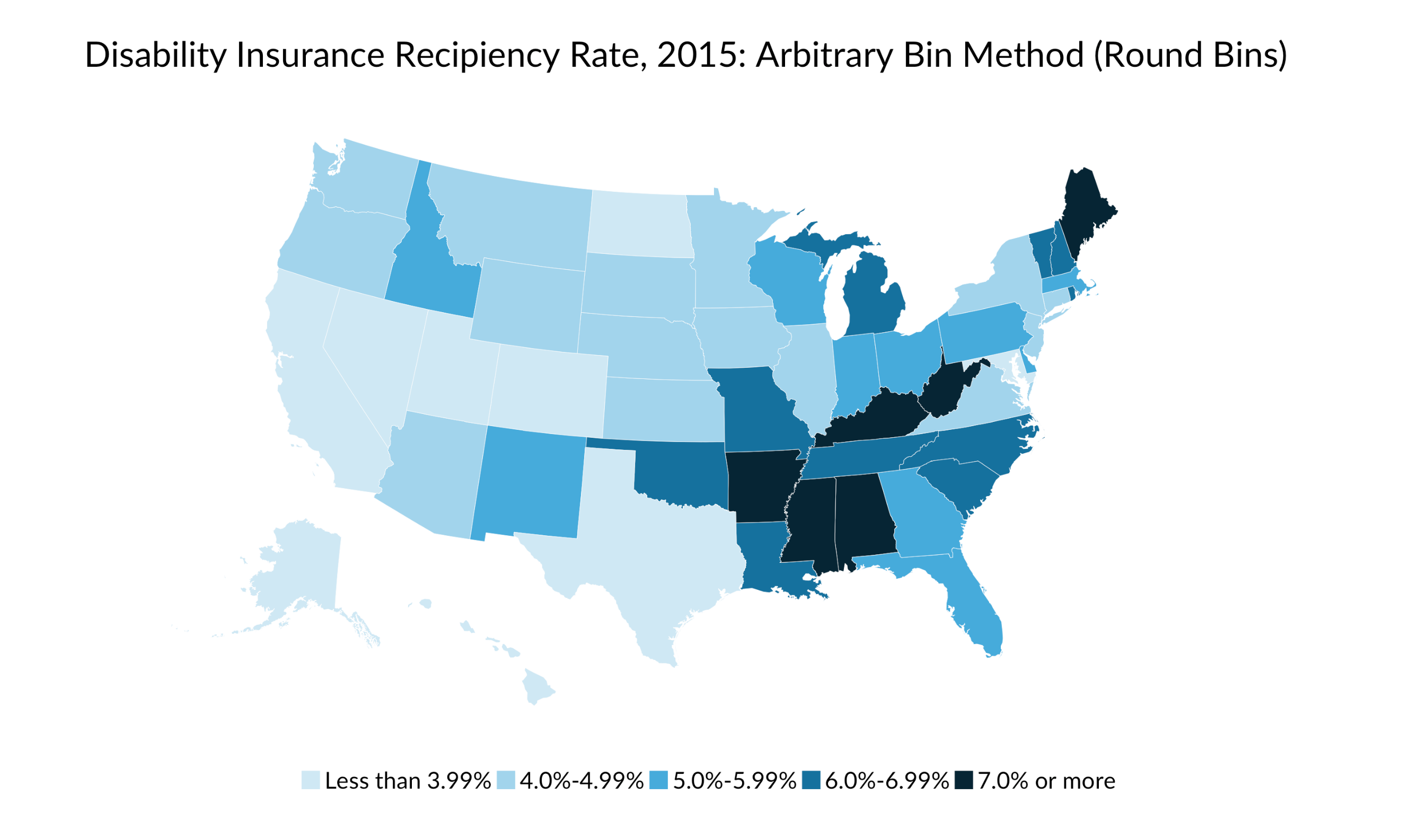 arbitrary bin map of disability insurance recipient rate, 2015