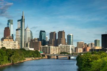Philadelphia panorama cityscape downtown urban core skyscrapers over the Schuylkill River in Pennsylvania USA