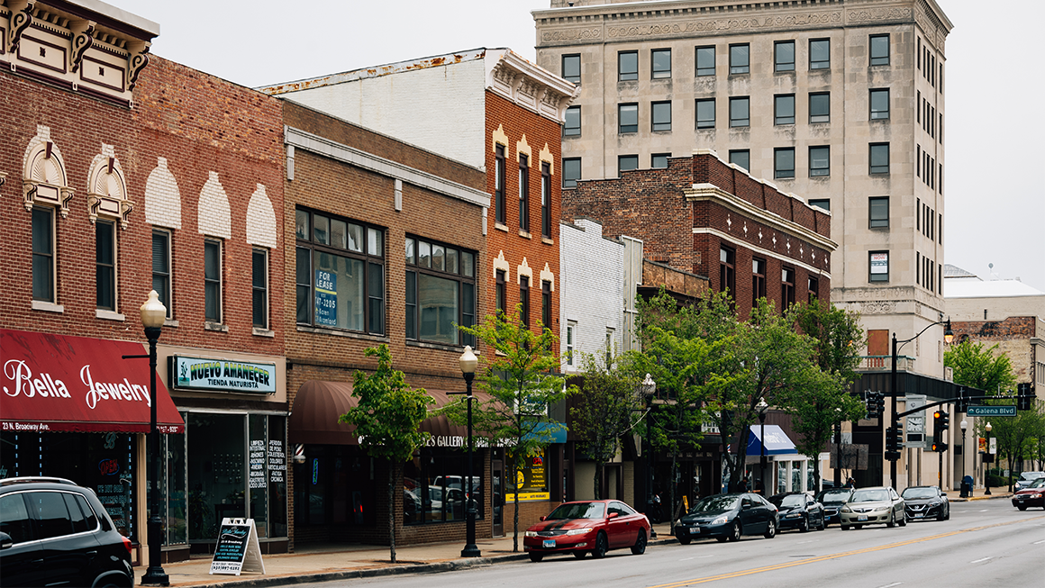 Broadway, in downtown Aurora, Illinois