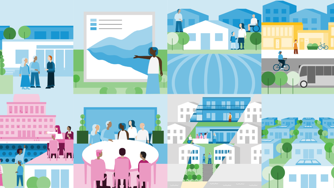 group of illustrations showing people in a community with trees, and working together