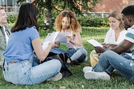 College students studying together outside. 