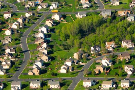 Overhead shot of a neighborhood. 
