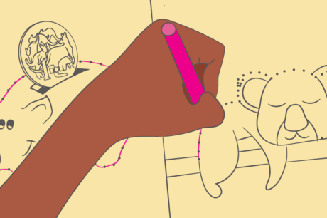 rendering of a child's hand tracing the outline of a koala bear drawing