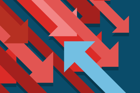 Multiple red arrow going down against one blue arrow going up Illustration