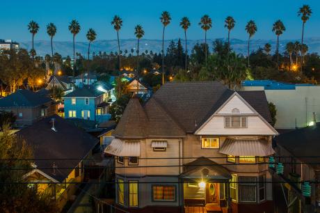 A neighborhood at night time. 