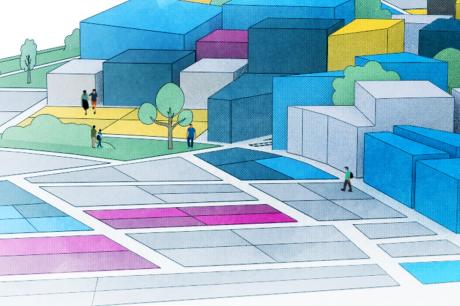 Illustration showing a colorful group of buildings.