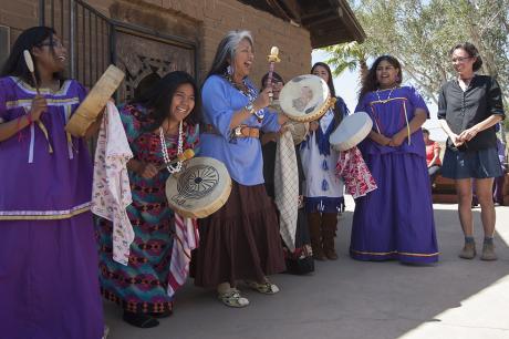 Students from Sherman Indian High School, an off-reservation boarding high school for Native Americans in Riverside, California, sing native songs together 