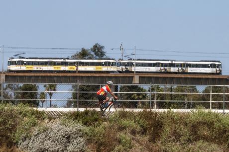 Los Angeles Metro Rail along Los Angeles River, Long Beach, California, USA.