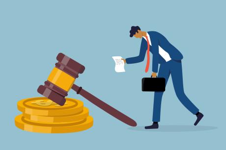 Illustration of a gavel and a man holding a paper and briefcase