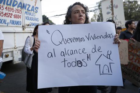 People and groups fighting for decent housing demonstrate outside the Ministry of Urban Development and Housing in Mexico City
