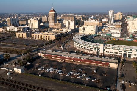 An aerial shot of a city.