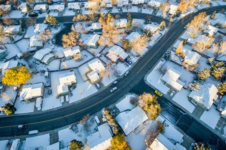 An aerial shot of a neighborhood.