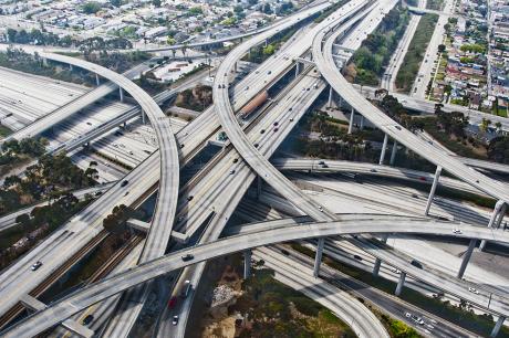 An aerial shot of a big highway.
