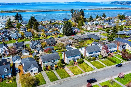 An aerial view of a neighborhood. 