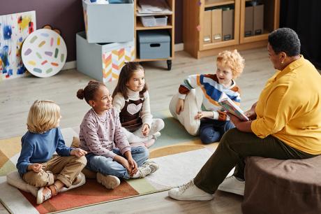 Children at school with their teacher.