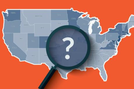 An illustrated map of the United States with a magnifying glass
