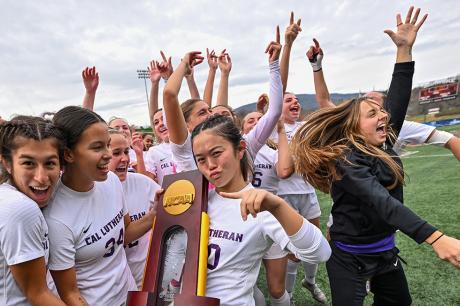  The Cal Lutheran Regals celebrate after their win against the Washington University Bears during the 2023 Division III Women's Soccer Championship at Donald J. Kerr Stadium