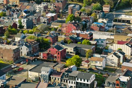 Drone Shot of East Allegheny Neighborhood in Pittsburgh, Pennsylvania - stock photo