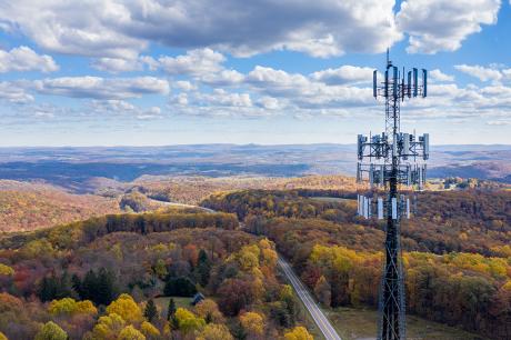 photo of cell phone or mobile service tower in forested area of West Virginia