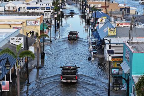 Flood waters inundate the main street after Hurricane Helene passed offshore on September 27, 2024, in Tarpon Springs, Florida. 