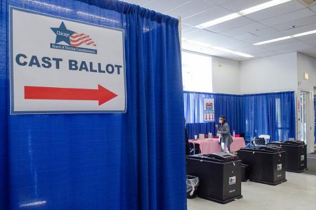 photo of voters casting their ballots at a polling station