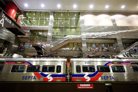 SEPTA train at a station.