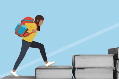 illustration showing student walking up stairs made of books
