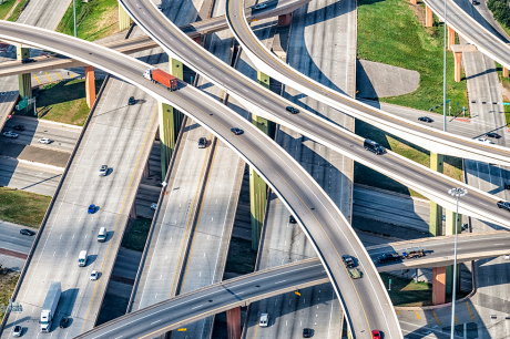 An aerial view of a highway interchange.