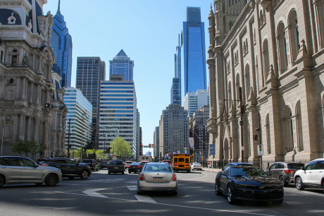 Philadelphia, Pennsylvania, USA - 29 April 2022: Cars moving around the court buildings in center City Philadelphia.
