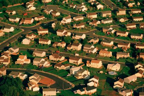 Aerial view of single family homes.
