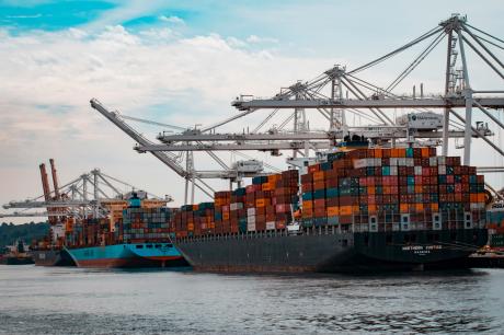 Cargo ships docked at a pier during day