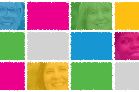 Colorful grid of paint-edged rectangles with partial close-ups of smiling people in blue, green, yellow, and pink overlays.