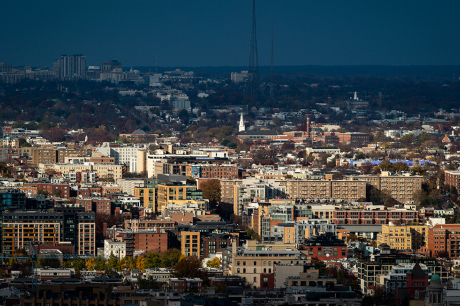 Photo of apartment buildings in the Columbia Heights neighborhood and along 14th Street NW in Washington, DC. 