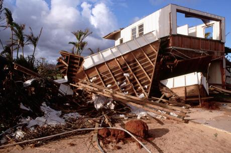 A house at Poipu Beach on Kauai, Hawaii, that sustained severe damage during a hurricane. 
