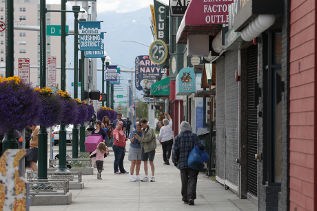 A photo of a bustling street in downtown Anchorage, Alaska.