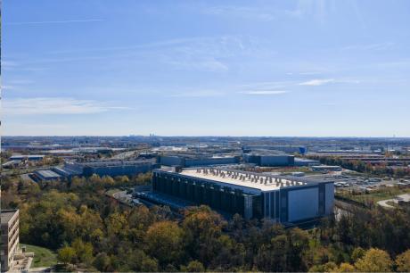 A photo of several data centers in Ashburn, Virginia, on an autumn day. 