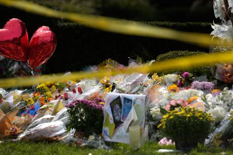 Flowers outside the Tree of Life Synagogue