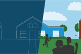 Split illustration contrasting housing blueprints with a colorful scene of homes and people in a community.