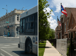 Left: A Chicago Transit Authority bus at a stoplight. Right: A street in Chicago’s Humboldt Park neighborhood. The R2I2 program aims to address multiple factors that could boost housing stability, including transportation savings, energy savings, and financial coaching.