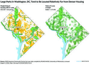 Two maps of DC showing where large parks and where people in multi-family houses are located. Large parks in DC tend to be located farther away from denser housing.